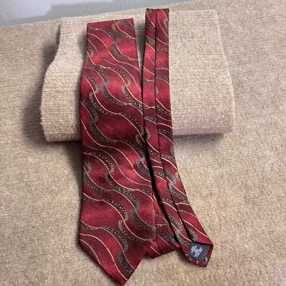 Vintage Villa Bugatti Necktie Mens Extra Long Red Abstract Silk Geometric Formal